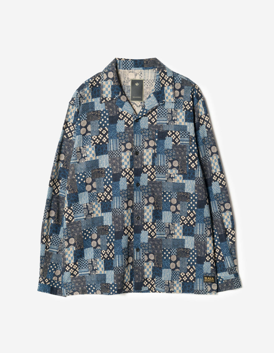 7606 Wagara Cuban Collar Shirt Aizome Navy