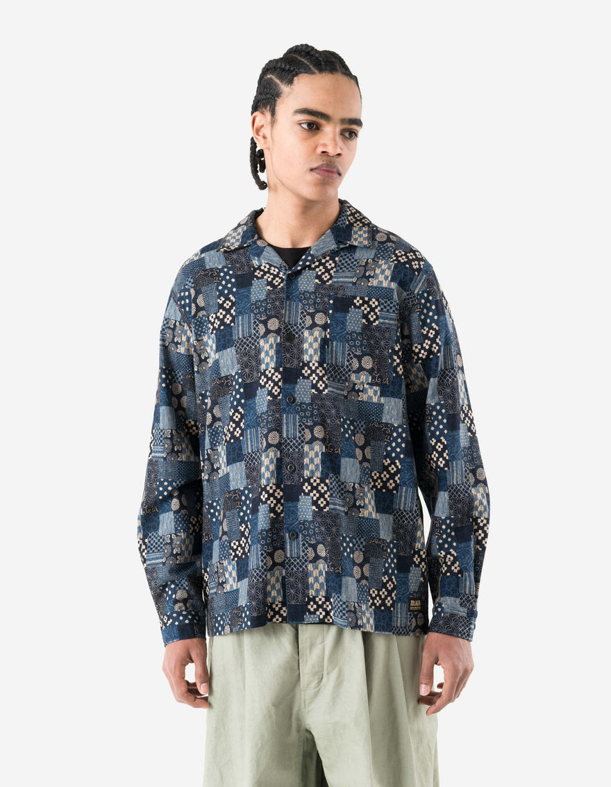 7606 Wagara Cuban Collar Shirt Aizome Navy