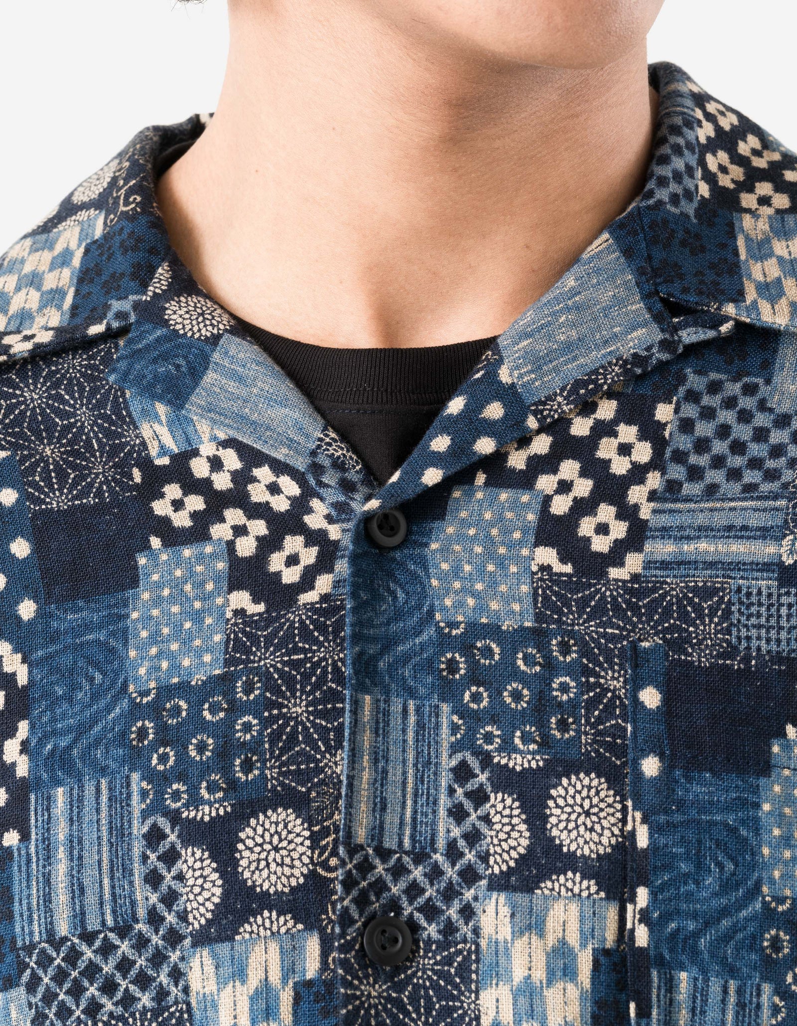 7606 Wagara Cuban Collar Shirt Aizome Navy