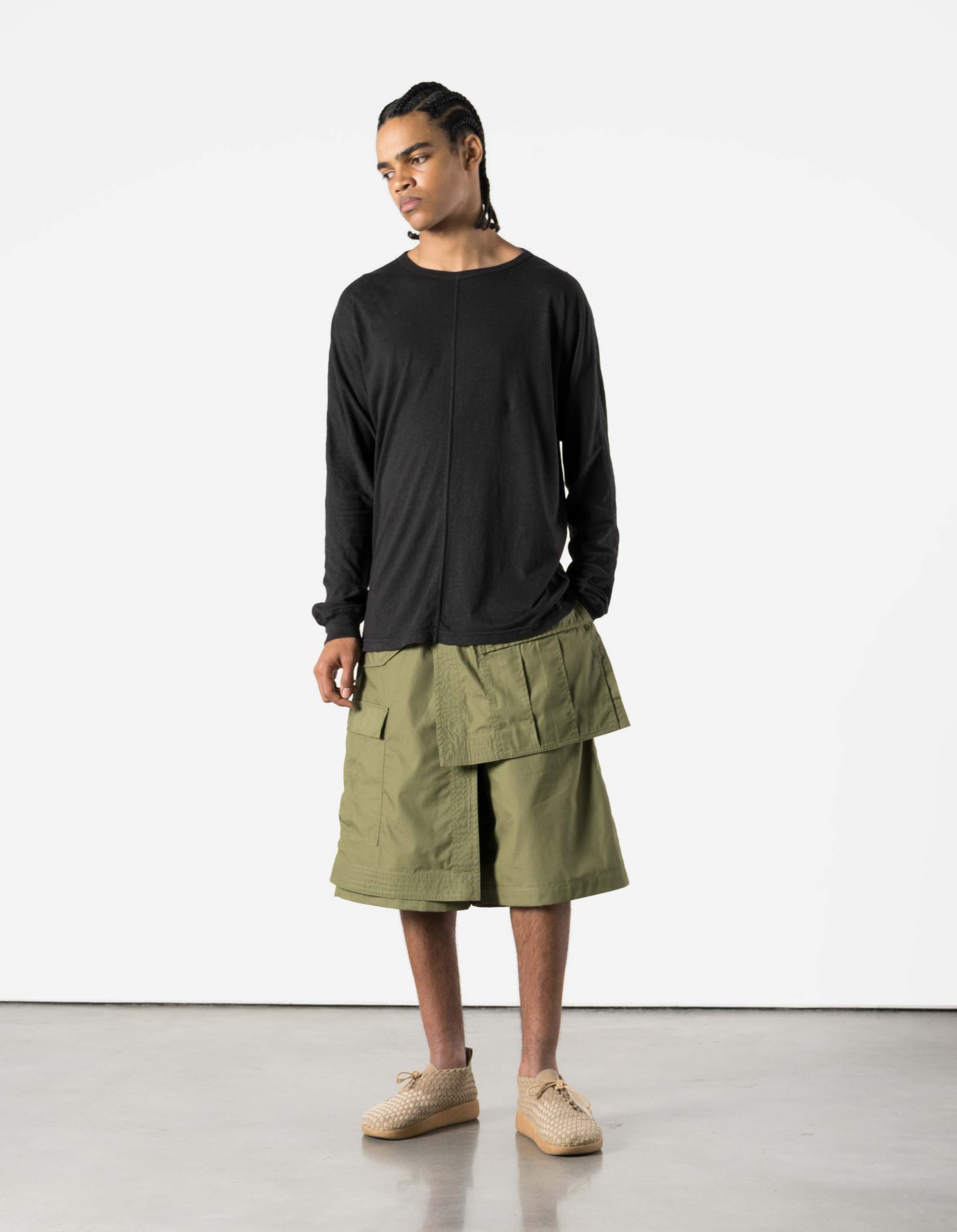 6056 Asym Hakama Shorts Olive OG-107F