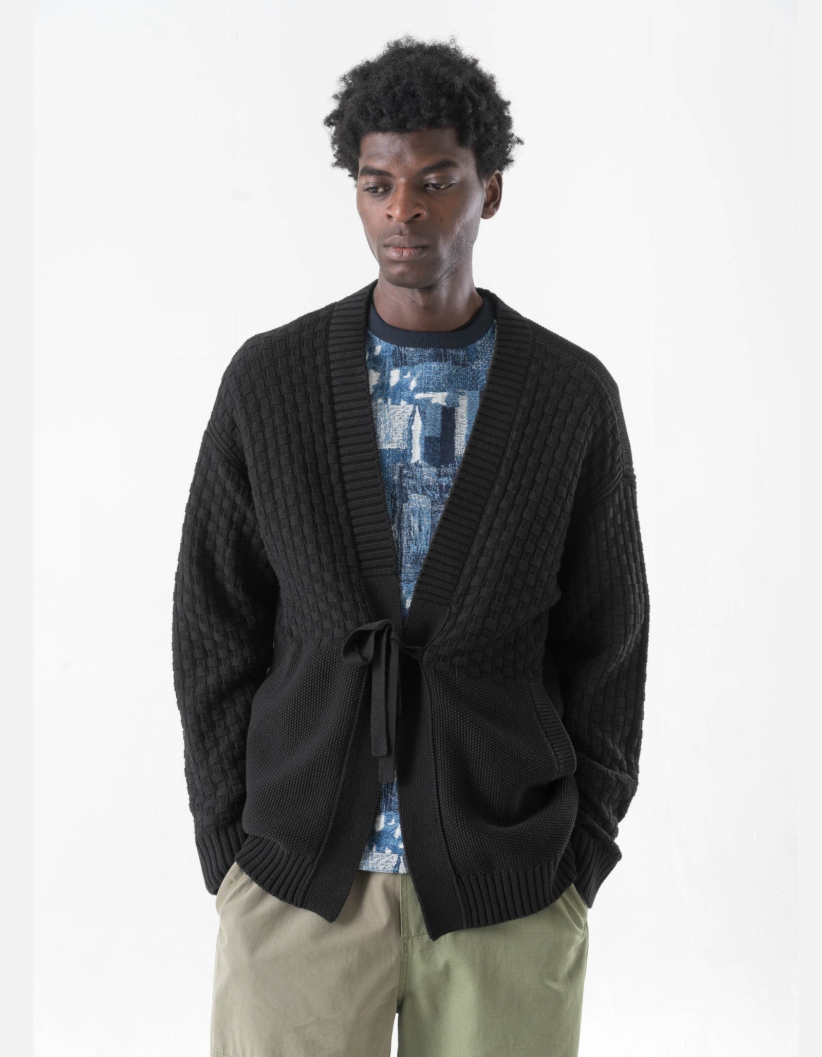 7577 Hemp Knitted Hanten Kimono Black
