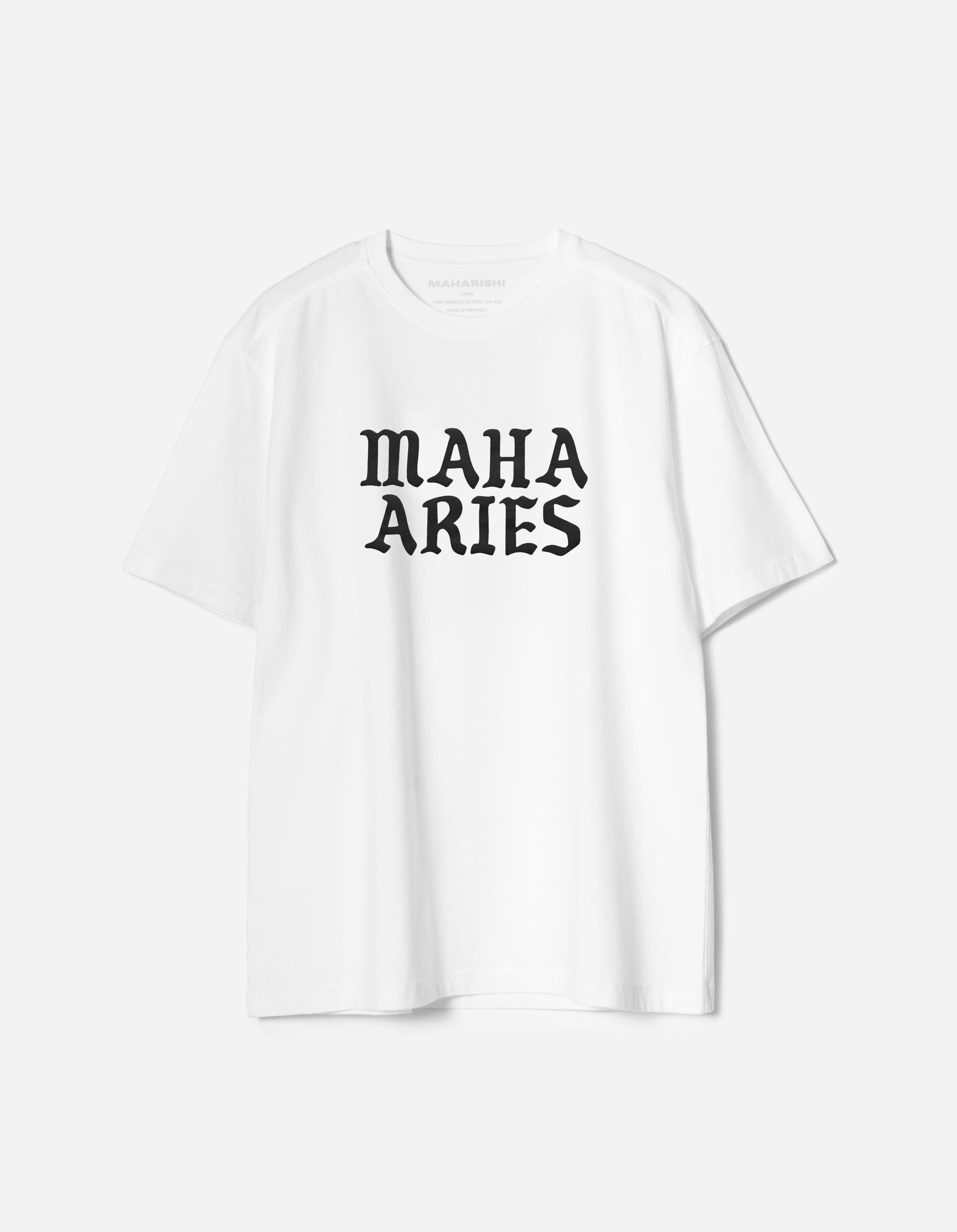 White t-shirt with 'MAHA ARIES' text on a white background