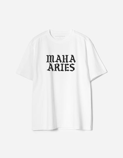 White t-shirt with 'MAHA ARIES' text on a white background