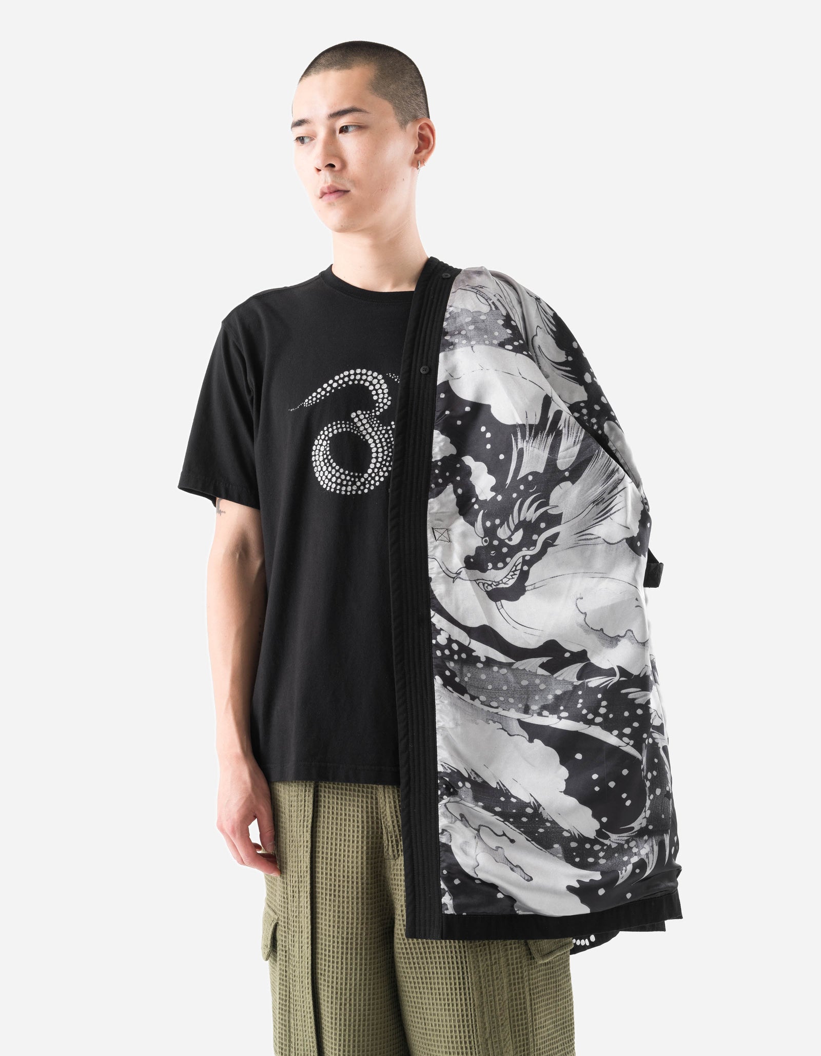 6123 Fubuki Dragon Embroidered Kimono Parka Black